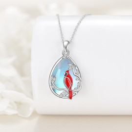 YONFQE Red Cardinal Necklace 925 Sterling Silver Moonstone Pendant Lucky Jewelry Gift for Women