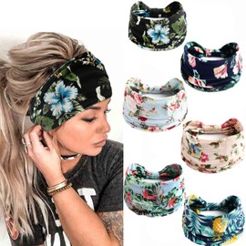Pack of 6 Headbands Women's Wide Headband Boho Floral Print Leopard Knot Elastic Running Yoga Head Wrap Hair Bands Multicoloured