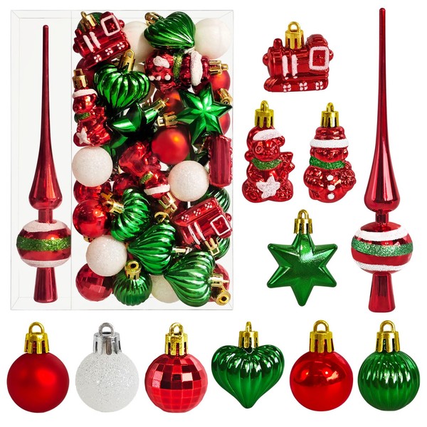 Set of 34 Christmas Baubles with Tree Topper, Diameter 3/4.5/5.5