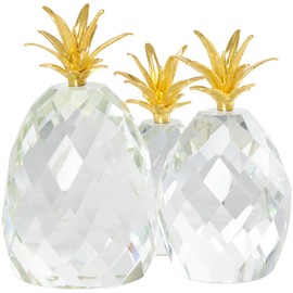 Deco 79 Crystal Fruit Decorative Sculpture Faceted Pineapple Home Decor Statues with Gold Leaves, Set of 3 Accent Figurines 7", 7", 5"H, Clear