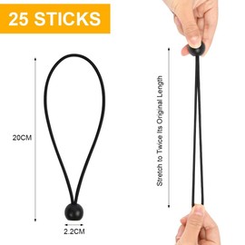 Adiwo Bungee Cord with Balls, 25 Pcs 8 Inch Tarpaulin Bungee Cords, Heavy Duty Elastic Bungee Ball Cords, Flexible Adjustable Black Bungee Straps for Tent, Camping, Household Items, Canopies, Flags