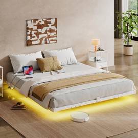 WLIVE Floating King Bed Frame, 1500Lbs Heavy Duty Metal Platform with LED Light and Charging Station, No Box Spring Needed, Easy Assembly, No Noise, King Size, White