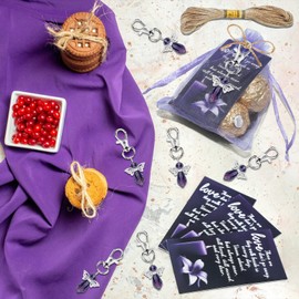 30 Sets Funeral Favors for Guests Purple Angel Keychains with Sympathy Tags and Purple Organza Bags for Funeral Memorial Party Guests Gifts, Celebrations of Life Favors
