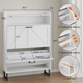 BORNOON Shoe Cabinet with 2 Flip Drawers Narrow Shoe Storage Cabinet Organizer Wooden Freestanding Shoe Rack Hidden Slim Shoes Storage Cabinet for Entryway, Hallway, Bedroom