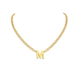 PIYIZ Chunky Cuban Link Chain for Men Women Gold Plated Stainless Steel Trendy Letter Pendant Initial M Necklace 18"