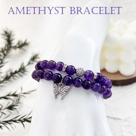 SNXPPFDC Crystal Bracelet - Healing Amethyst Bracelet - Butterfly Bracelets for Women - 8mm Natural Stone Beads Chakra Bracelets Couple Bracelets Friendship Bracelet (Amethyst, Butterfly)