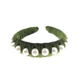 Womens Luxury Velvet Evening Faux Pearl Winter Formal Wide Fabric Headband Alice Band Hair Accessory Hairband Christmas Birthday Wedding Gift Bridesmaid Prom Dance Holiday Pageant Prom (Olive)