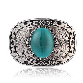 Btilasif Belt Buckle for Men Vintage Western Cowboy Handmade Round Shaped Stone Belt Buckle for Women, green