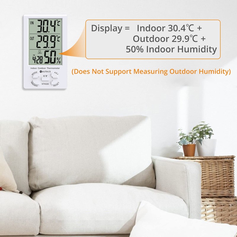 Neoteck 3 in 1 Thermometer Hygrometer with Clock Large LCD