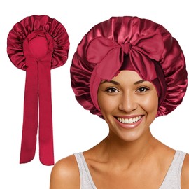 Satin Bonnet Night Sleep Cap, Silk Cap, Sleep Cap, Night Hair Care Protection Head Cap for Curly Hair, Smooth, Breathable, Adjustable Sleeping Cap for Women and Girls, red, Unit size
