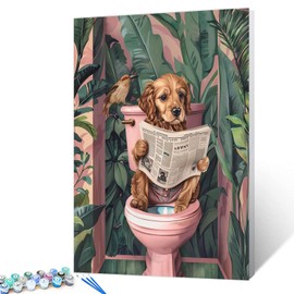 Tucocoo Paint by Numbers Puppy on Toilet 40x50cm Canvas DIY Oil Painting for Adults with Brushes and Acrylic Pigment Cute Dog Tropical Plant Bathroom Picture for