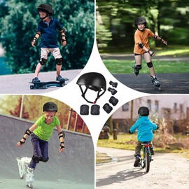 KAMUGO Kids Adjustable Helmet, with Sports Protective Gear Set Knee Elbow Wrist Pads for Toddler Age 3-8 Boys Girls, Bike Skateboard Hoverboard Scooter Rollerblading Helmet Set (Black)