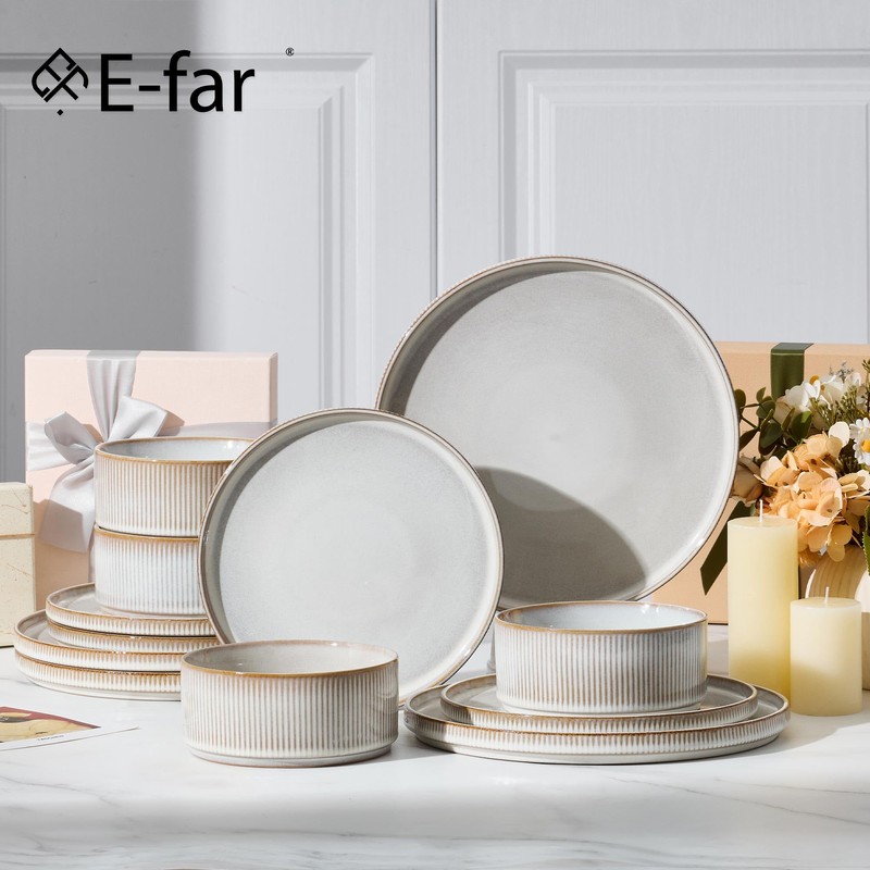 E-far Stoneware Dinnerware Sets, 18-Pieces Modern Plates and Bowls Sets,