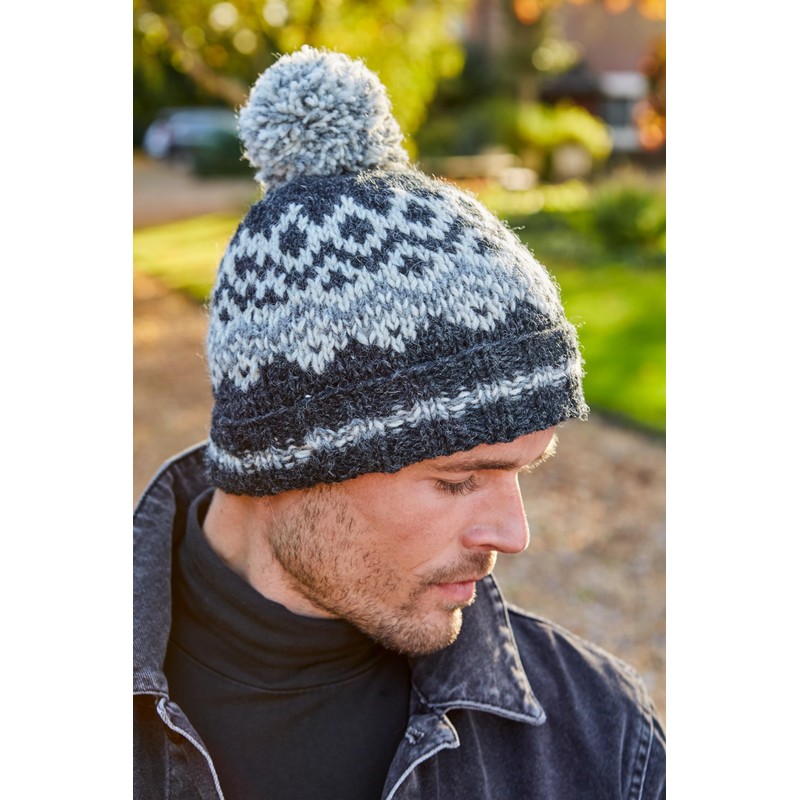 Pachamama Men Wool Beanie Bobble Hat Fleece Lined Handknitted Contemporary