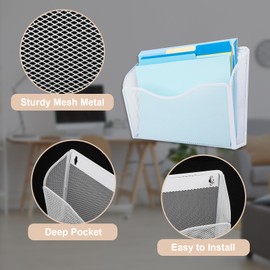 EASEPRES 3 Single Pocket Mesh Hanging File Organizer, Vertical Wall Mounted Magazine File Holder, Mount Basket Mail Paper Document Folder Organizing for Office, Home and School, White