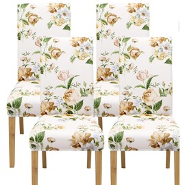 Comfy Gate 4 Pack Dining Room Chair Covers, Chair Covers for Dining Room Set of 4, Elastic Dining Chair Slipcovers, Dining Chair Slipcover, Kitchen Chair Protector Set of 4, Beige Flower