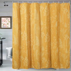 Estmy Cute Botanical Linen Shower Curtain for Bathroom, Colorful Bright Yellow Boho Floral Plants Leaves Textured Fabric Shower Curtain Set Modern Rustic Vintage Bathroom Decor