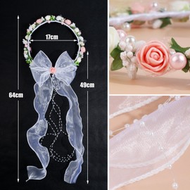 BETESSIN Girls' Communion Headband Hair Wreath Christening Hair Accessories with Foam Roses Princess Headband Wedding Flower Girl Headpiece White Pink Headband with Flowers Beads