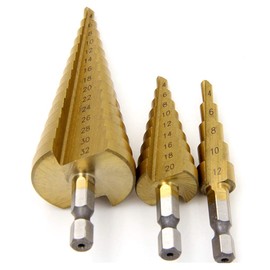 Mengshen HSS Step Cone Drill Set 3-Piece Set 4-12mm/4-20mm/4-32mm, Titanium Coated HSS Hex Shank Pagoda Drill for Carbon Steel, Sheet Iron, Insulation Boards, PVC Boards and Wood