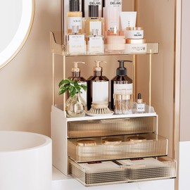 Delamu Bathroom Organizers and Storage, 2 Tier 3 Drawer Makeup Organizer Countertop, Easy to Install, Ideal for Bathroom Counter, Vanity, Ideal for Women Girls, Amber