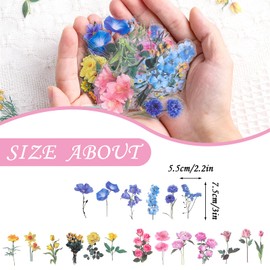 Nogeqi 120pcs Transparent Plant Sticker,PET Floral Stickers,Vintage Journaling Flower Decals,Vintage Clear Pressed Flower Stickers,Stickers Flowers for Adults,Decorating Cards(Yellow Pink Blue)