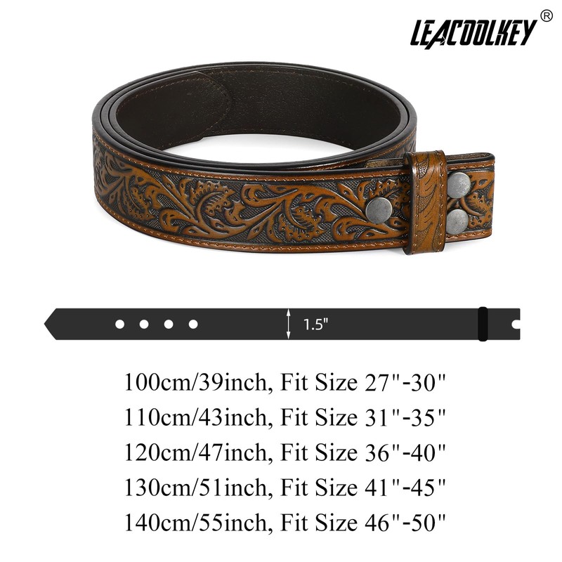 LEACOOLKEY Western Belt Strap for Men without Buckle 1.5" Wide