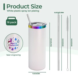 YOUKE OLA 16 Pack Rainbow Plated Stainless Steel Tumbler Straight Double Wall Powder Coated for Laser Engrave, 20oz White To Iridescent