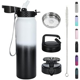 OLDLEY Botella de Agua aislada con Pajita, de Acero Inoxidable de 32 oz, con 3 Tapas, de Doble Pared, térmica al vacío, para niños, Adultos, Deportes