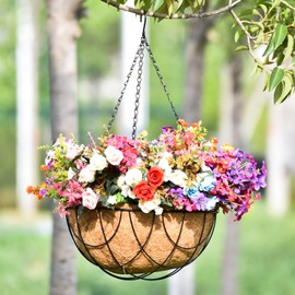 14 inch Metal Hanging Baskets For Plants Outdoor 4 Pack Round Metal Wire Hanging Basket Planter with Coco Fiber Liners Plant Holder for Garden, Patio, Deck, Porch Plants Flower Potss Outdoor(Grid)