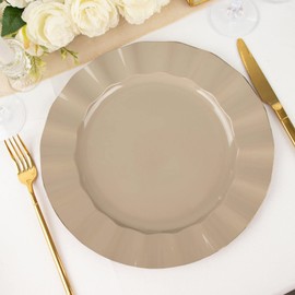 Tableclothsfactory 10 Pack | 11" Taupe Large Hard Plastic Dinner Plates with Gold Wavy Rim, Heavy Duty Disposable Dinnerware
