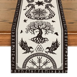 Artoid Mode White Viking Tree of Life Raven Helmet of Awe Table Runner, Seasonal Table Decoration, Indoor, Holiday, Party Decor, 40 x 140 cm