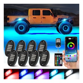 8 Pods RGB LED Rock Lights for Trucks Jeeps UTV ATV Golf Cart RZR SXS, 12V Waterproof Smart Segmented Change Color Underglow Lights Kit with APP/RF Control Multicolor Neon Vehicle Underbody Lights