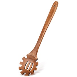 Wooden Pasta Spaghetti Spoon with Teeth, Teak Slotted Pasta Spaghetti Strainer Spoon for Cooking Serving Collecting, Wooden Pasta Fork Server Utensil with Claws, Wood Noodle Strainer,12.8″, Brown