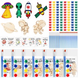 Leinuosen 28 Sets Space Party Favors Wood Painting Craft Kits with Art Supplies and Inspirational Cards Thank You for Coming Gifts for Summer Birthday Party Goodie Bag DIY Prizes