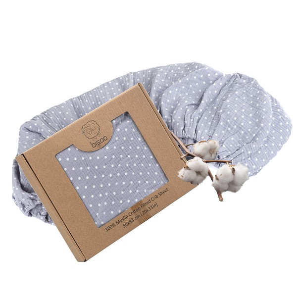 Bisoo 20x33 in / 50x80 / 50x83 cm Compatible Next2Me & Bedside Cradles - 100% Muslin Fitted Sheet - Adjustable Fitted Sheet For Baby Crib - Premium Quality - Polka Dot Print (Baby Blue)