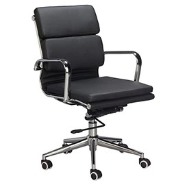 Classic Replica Padded Seat and Back Cushion Medium Back Office Chair - PU Black Leather Thick high Density Foam, stabilizing bar Swivel & Deluxe Tilting Mechanism