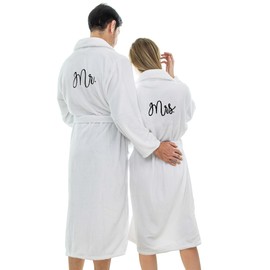Jecery 2 Pcs His and Hers Robes for Couples Mr and Mrs Bathrobes Embroidered Matching Robes Valentine‘s Day Engagement Gifts(White)