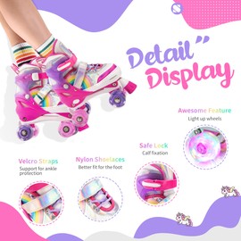 SULIFEEL Rainbow Unicorn 4 Size Adjustable Light up Roller Skates for Girls Boys for Kids Beginners Rollerskates Pink Small