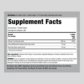 Piping Rock Vitamin C 500 mg with Bioflavonoids & Rose HIPS | 300 Caplets | Vegetarian, Non-GMO, Gluten Free Supplement