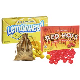 Lemonhead Hard Lemon Candy, 5 Oz Movie Theater Candy Box | Original Red Hots Cinnamon Candy Movie Theater Box Candy Gift Bundle | Great for Birthday party, Christmas Candy With BintiLuscious Pocket Candy Bag.