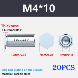 Ctyjia Pack of 20 Rivet Nuts, Hex Rivet Nuts, M4 x 10 mm Internal Thread Barrel Nuts, Rivnut Made of Galvanised Carbon Steel for Steel, Alloy, Metal
