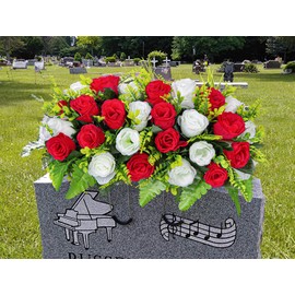 Artificial Headstone Flower Saddle, Cemetery Flowers for Grave, Cemetery Saddles for Headstones, Memorial Grave Flowers for Cemetery Tombstone Headstone Decoration (Red with White)