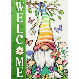 Covido Welcome Spring Summer Gnome Decorative Garden Flag, Daisy Floral Flowers Butterfly Green Rainbow Yard Outside Decorations, Farmhouse Outdoor Small Home Decor Double Sided 12 x 18
