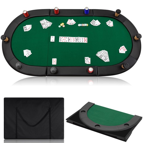 Leyndo 84" Tri Fold Folding Poker Padded Table Top with 10 Cupholders, Anti Slip Felt Top Table Mat Game Board and Carrying Bag for 10 Player Family Game (Green)