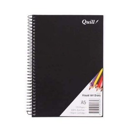 Quill, Visual Art Diary A5, 120 Pages, 110 GSM Cartridge Paper, Acid Free, Spiral Bound, Water Resistent Black Cover, Portrait