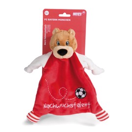 NICI Cuddly Blanket FC Bayern Munich Bear Berni 25 x 25 cm - Cute Cuddle Blanket with Embroidery "Nachwuchstalent", Football Fan Item for Girls, Boys & Babies, 49084, Great Gift Idea, Red