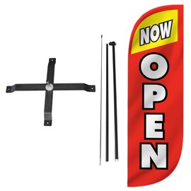 LookOurWay Feather Flag Set - 5ft Tall Advertising Banner Flag with Pole Kit and X-Stand for Business Promotion - Now Open Red/Yellow