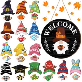 Qunclay Interchangeable Black Wooden Gnome Hanging Decor Seasonal Decorative with Magnet Swappable Pieces Detachable Hat and Hands Farmhouse Home Sign for Christmas Birthday Holiday Party Decor