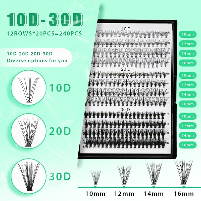 Bodermincer Lash Extension 240pcs D Curl 10D+20D+30D 10-16mm/12-18mm Mixed Cluster
