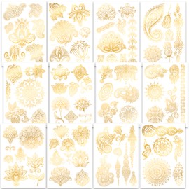 Qpout 12 Sheets Metallic Temporary Tattoos for Children Girls Women Gold Tattoos Waterproof Bronzing Tattoo Stickers Tribal Totem Butterfly Flower Tattoos
